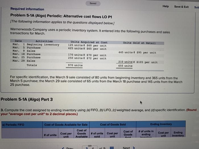  Save & Exit Sub Saved Help Required information Problem 5-1A (Algo)