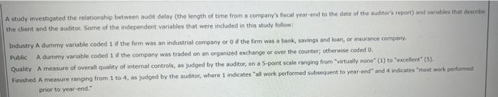  A study investigated the relationship between audit delay (the length of