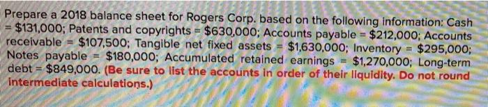  Prepare a 2018 balance sheet for Rogers Corp. based on the