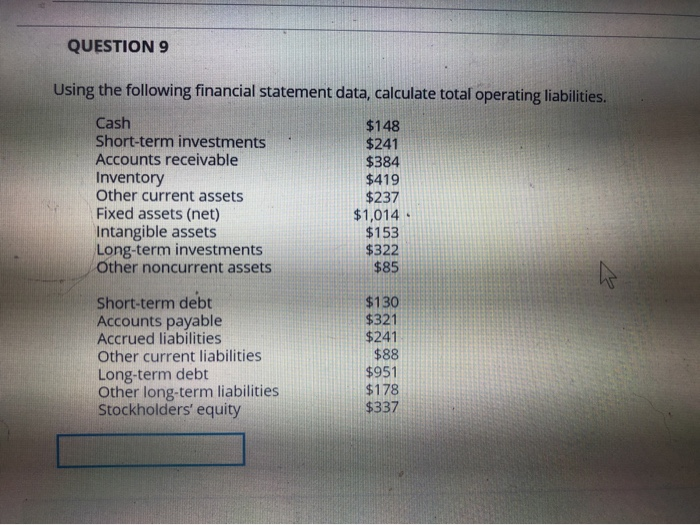  QUESTION 9 Using the following financial statement data, calculate total operating