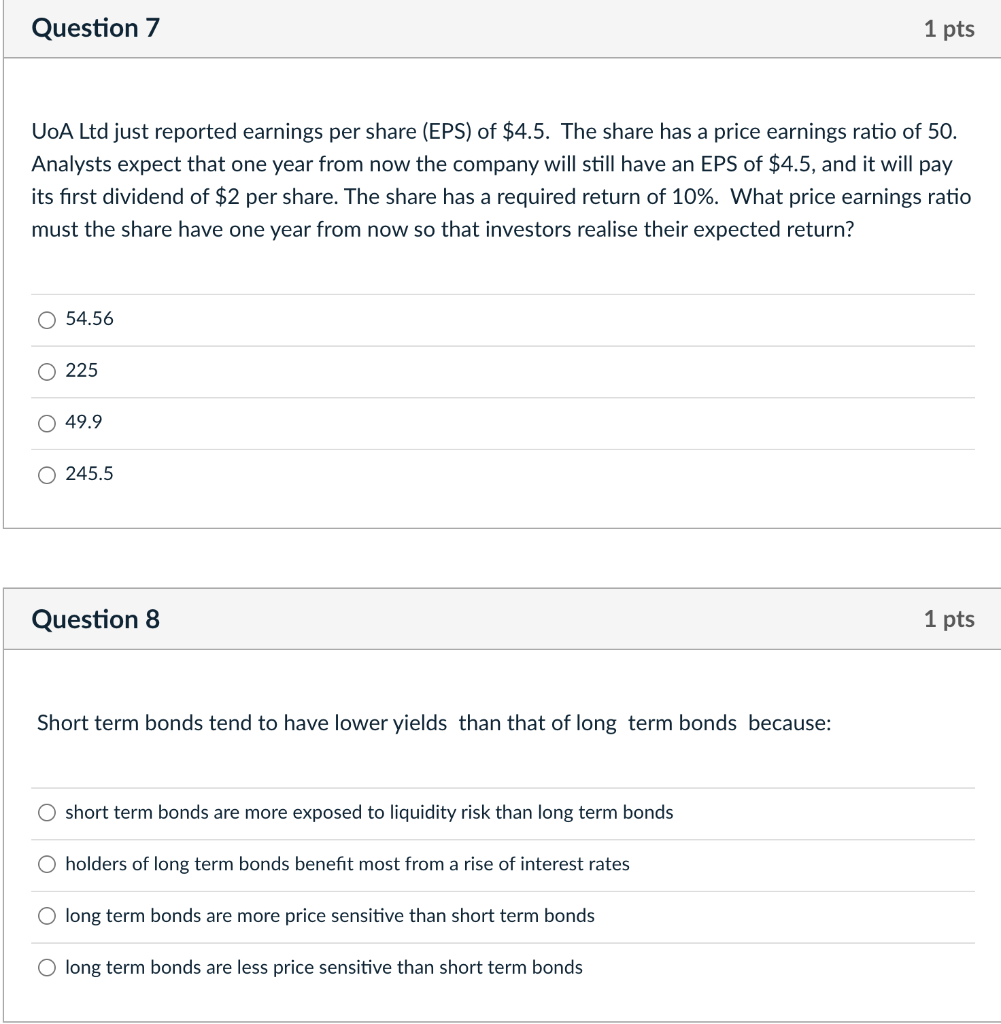 Question 7 1 pts UoA Ltd just reported earnings per share