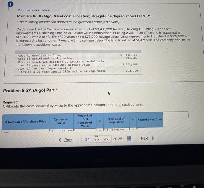  ! Required information Problem 8-3A (Algo) Asset cost allocation; straight-line depreciation