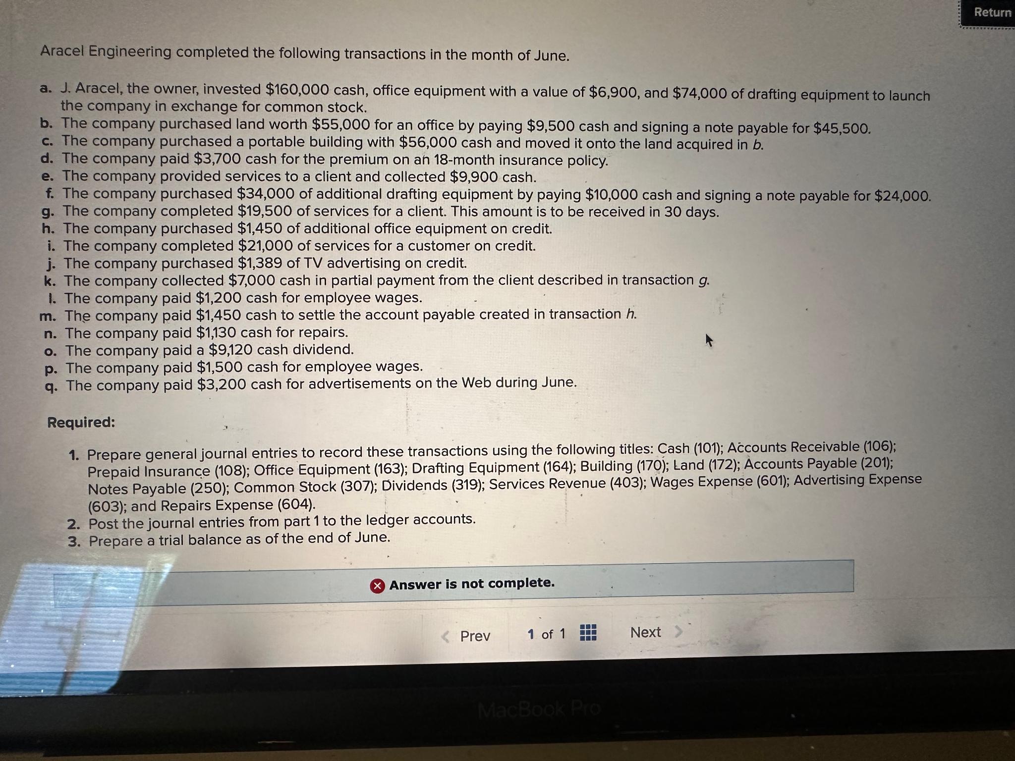  Return Aracel Engineering completed the following transactions in the month of