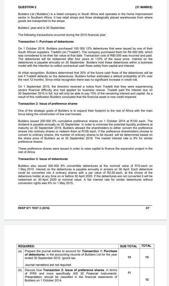 QUESTION 2 (31 MARKS) Builders Ltd (Builders) is a listed company in