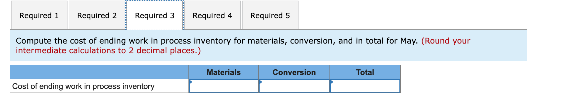 materials 70% complete; conversion 30% complete Cost data: Work in process inventory,