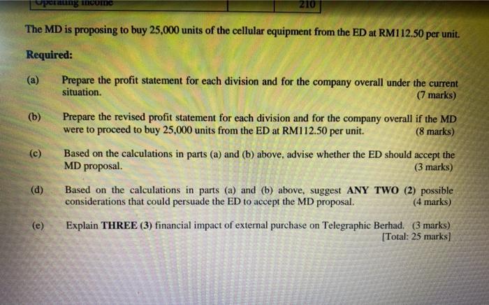 company's Mobile Division (MD) currently purchases 25,000 units of cellular equipment from