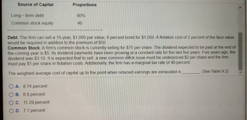 TO GET THE ANSWER. ANY HELP IS GLADLY APPRECIATED! Table 9.2 A