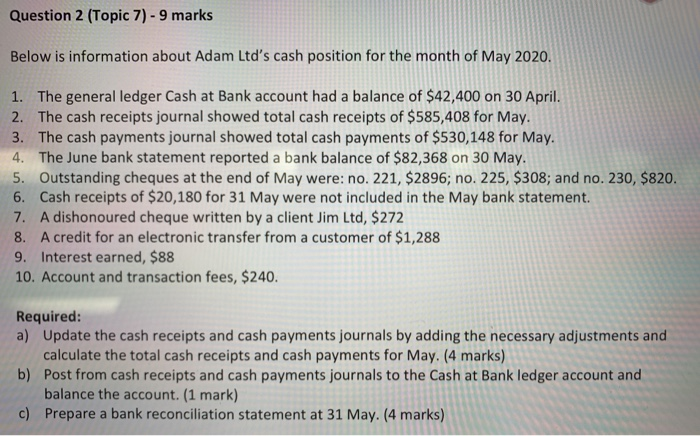  Question 2 (Topic 7) - 9 marks Below is information about