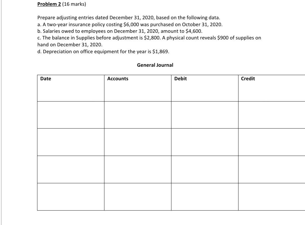  Problem 2 (16 marks) Prepare adjusting entries dated December 31, 2020,
