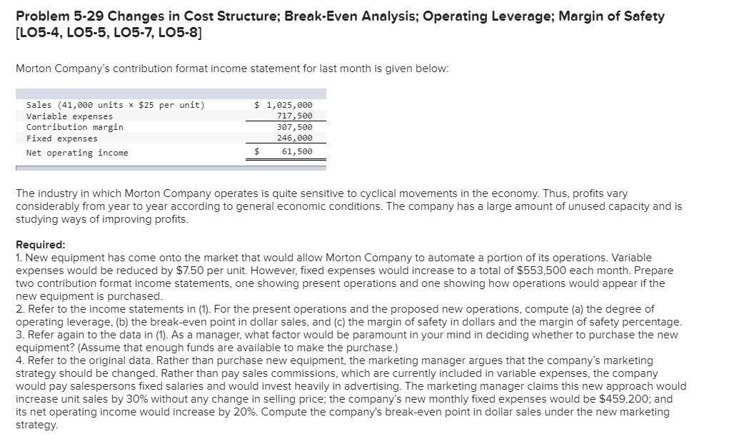  Problem 5-29 Changes in Cost Structure; Break-Even Analysis; Operating Leverage; Margin