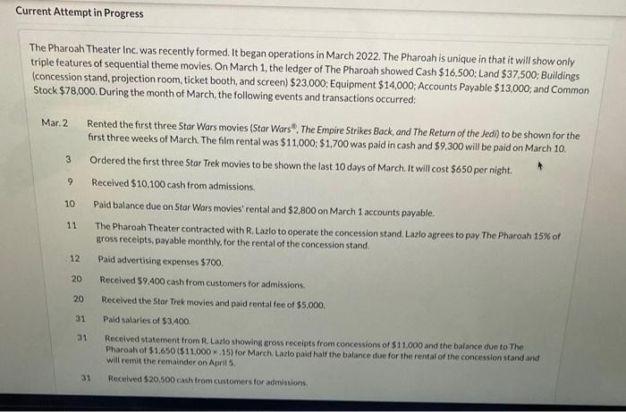 please help Current Attempt in Progress The Pharoah Theater Inc. was recently