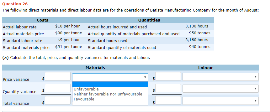 Question 26 The following direct materials and direct labour data are