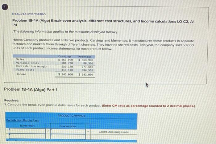  Required Information Problem 18-4A (Algo) Break-even analysis, different cost structures, and
