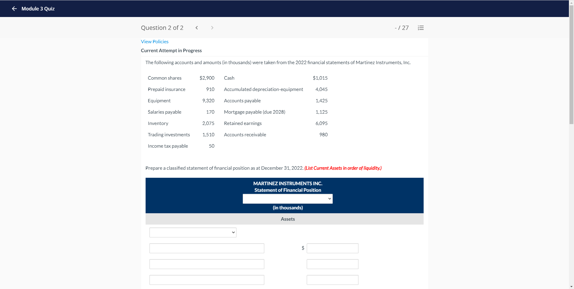 + Module 3 Quiz Question 2 of 2 - / 27