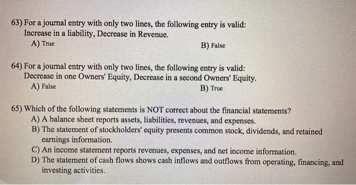  63) For a journal entry with only two lines, the following