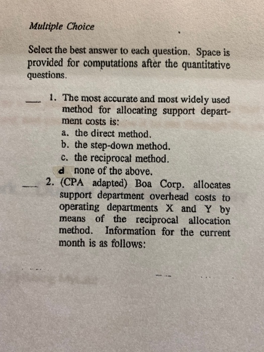  1-7 Multiple Choice Select the best answer to each question. Space
