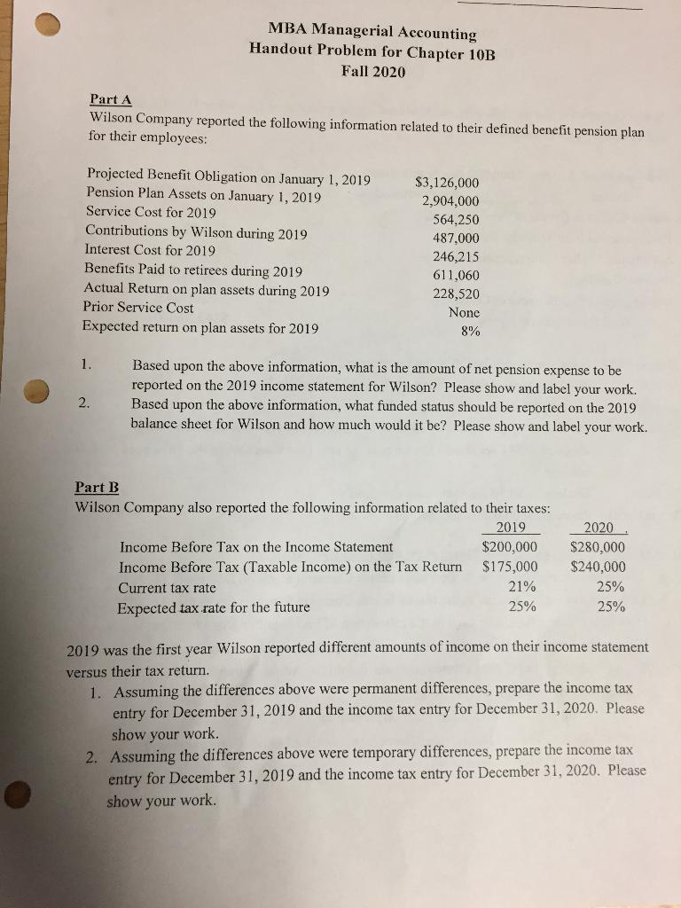 MBA Managerial Accounting Handout Problem for Chapter 10B Fall 2020 Part