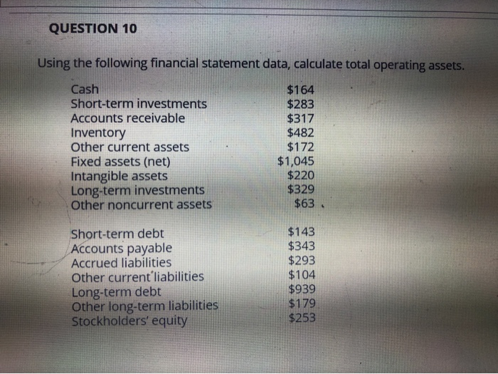  QUESTION 10 Using the following financial statement data, calculate total operating