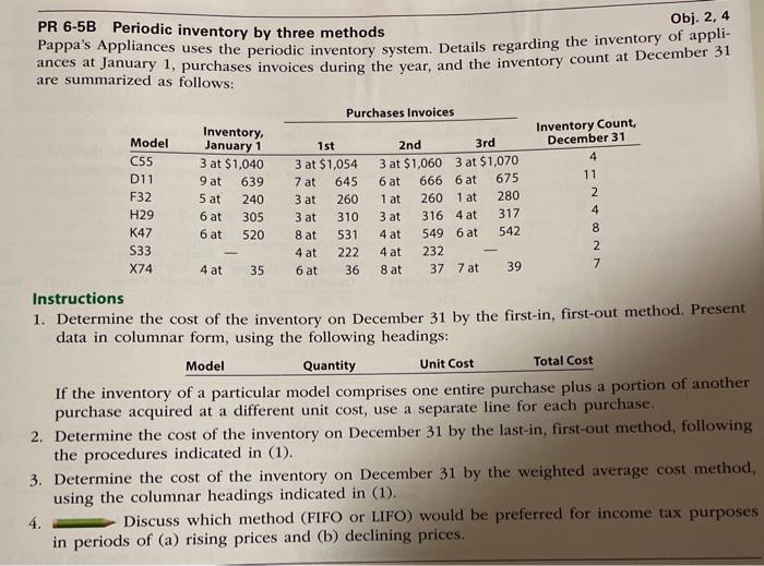  Obj. 2,4 PR 6-5B Periodic inventory by three methods Pappa's Appliances