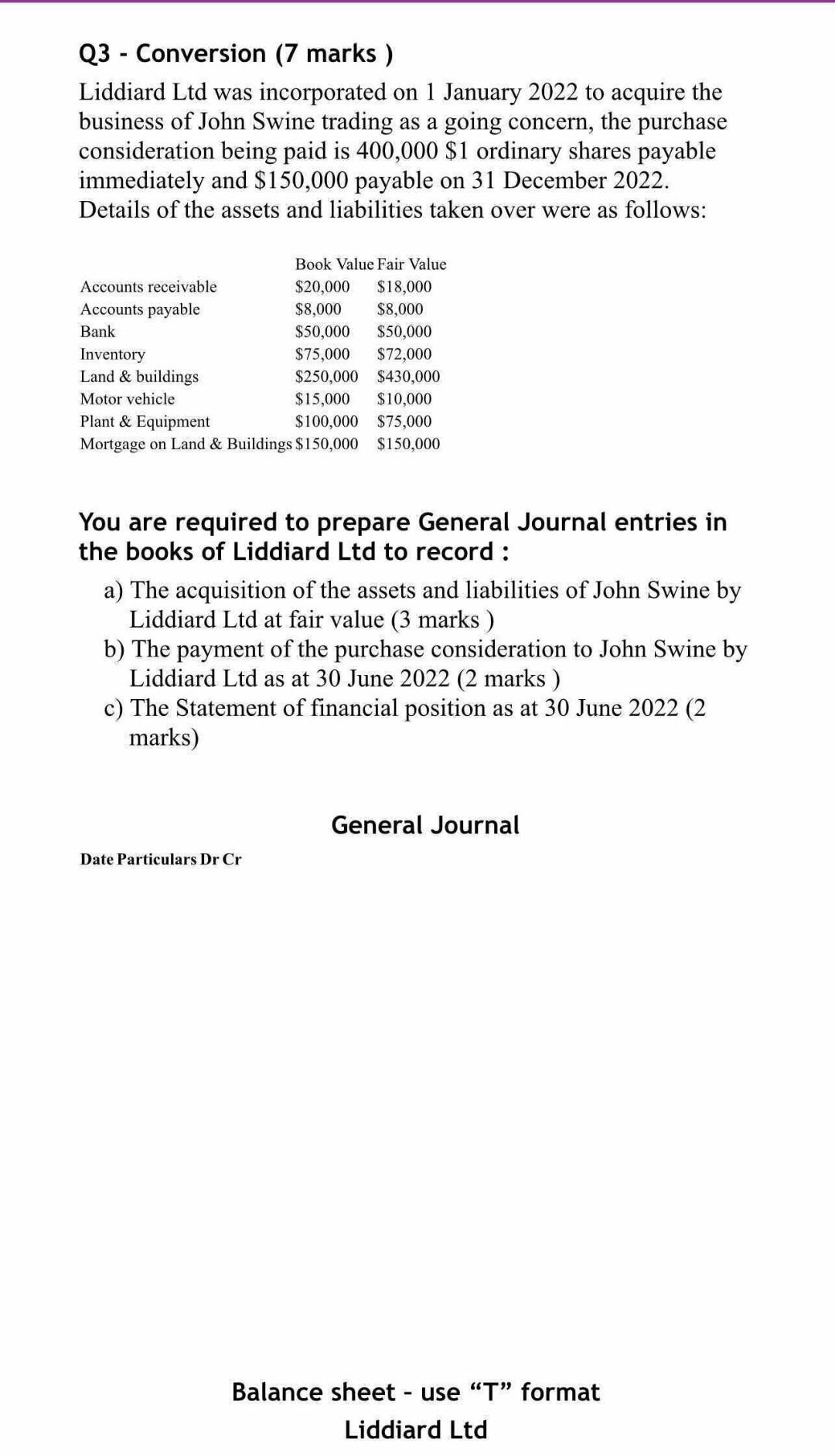 Q3 - Conversion (7 marks ) Liddiard Ltd was incorporated on