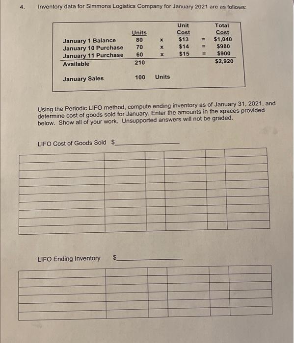 please help 4. Inventory data for Simmons Logistics Company for January 2021