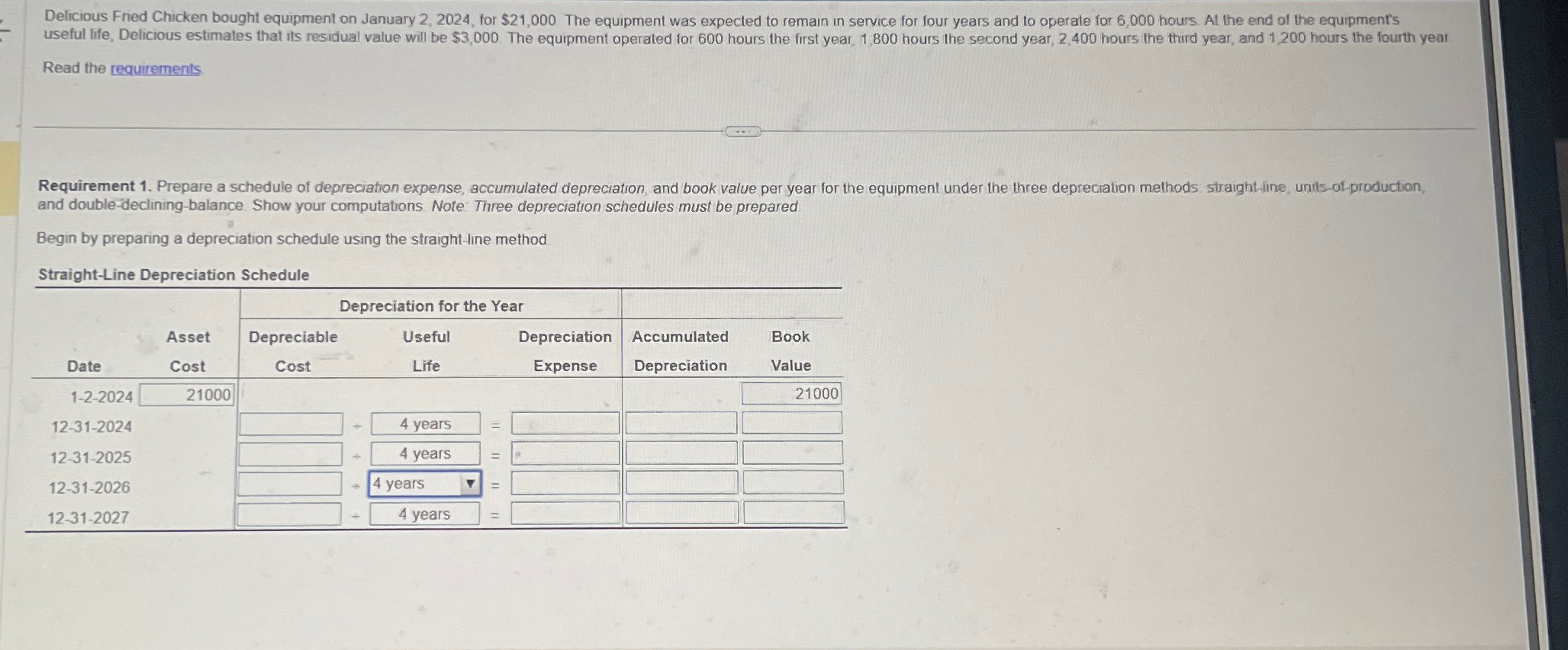  Read the requirements and double-declining-balance. Show your computations. Note: Three depreciation