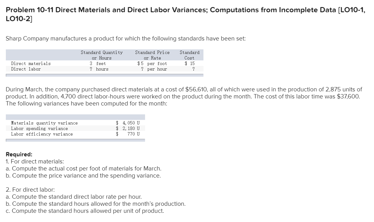 Problem 10-11 Direct Materials and Direct Labor Variances; Computations from Incomplete