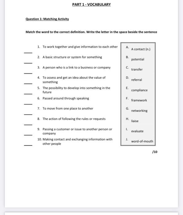  PART 1 - VOCABULARY Question 1: Matching Activity Match the word