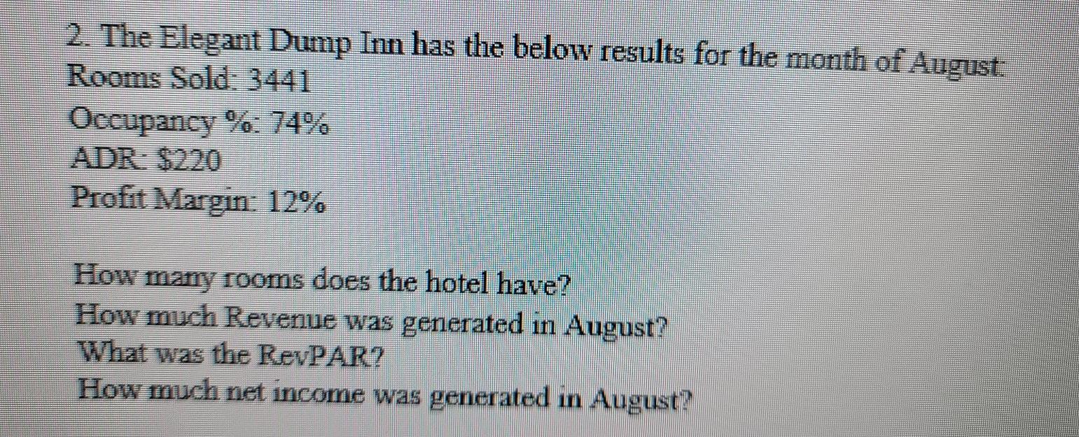 2. The Elegant Dump Inn has the below results for the