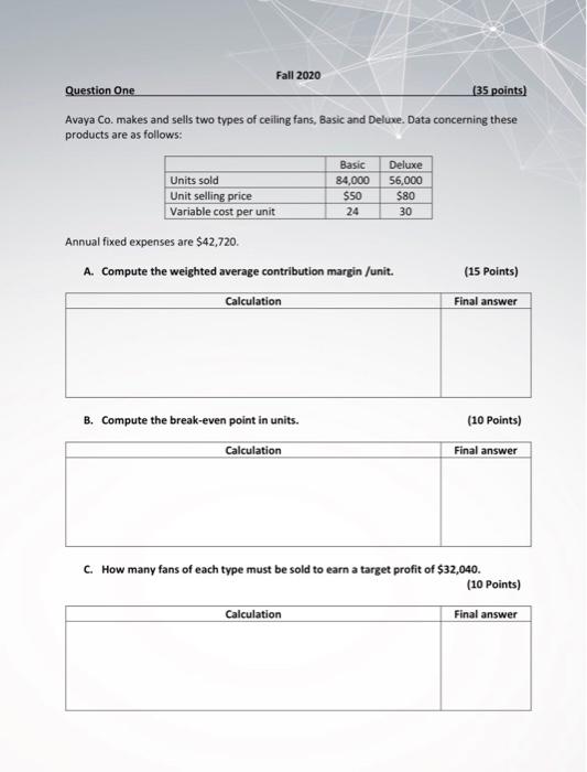  Fall 2020 Question One (35 points) Avaya Co. makes and sells