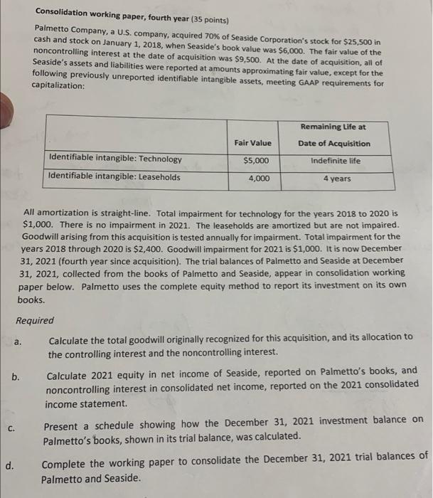 Please do entire question Consolidation working paper, fourth year (35 points) Palmetto