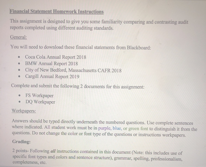  coca cola fs bmw fs Financial Statement Homework Instructions This assignment