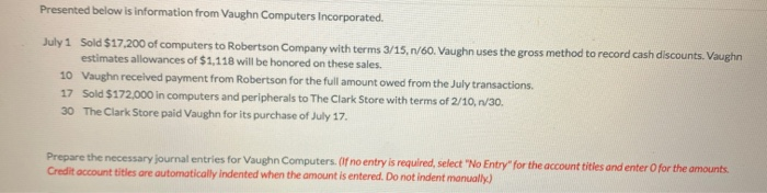  Presented below is information from Vaughn Computers Incorporated. July 1 Sold
