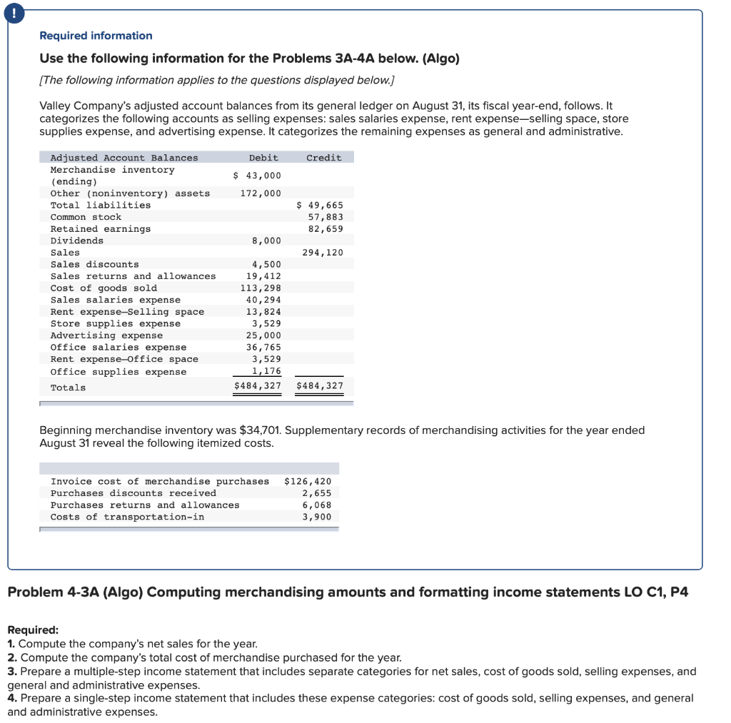  ! Required information Use the following information for the Problems 3A-4A
