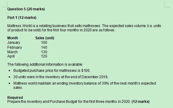  Question 5 (20 marks) Part 1 (12 marks) Mattress World is
