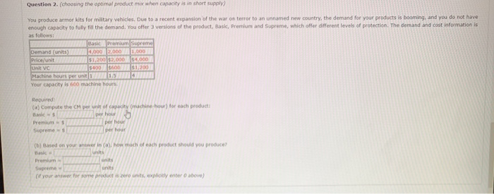  Question 2. (choosing the optimal product mix when capacity is in