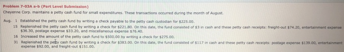  Problem 7-03A a-b (Part Level Submission) Cheyenne Corp. maintains a petty