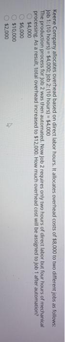  Keene Company allocates overhead based on direct labor hours. It allocates