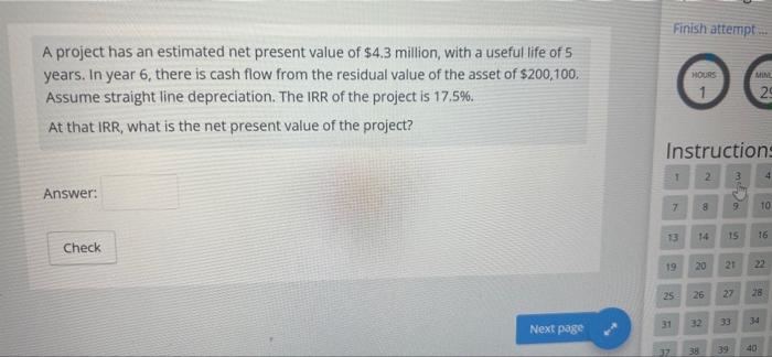  Finish attempt A project has an estimated net present value of