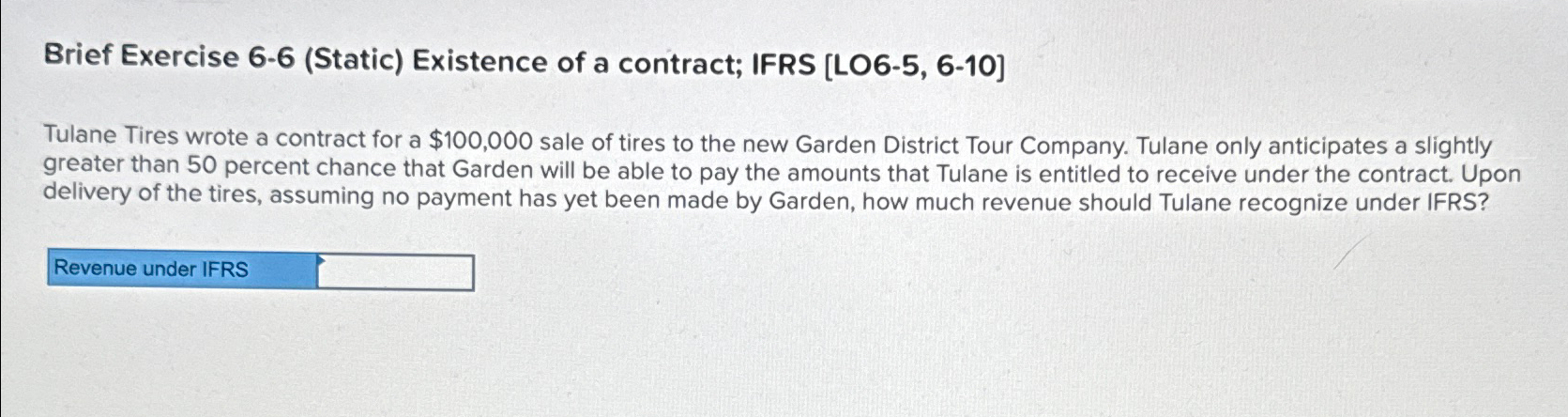  Brief Exercise 6-6(Static) Existence of a contract; IFRS [LO6-5,6-10] Tulane Tires