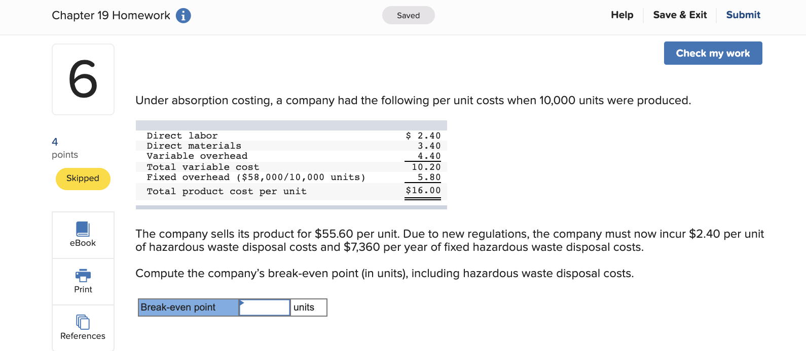  Chapter 19 Homework Saved Help Save & Exit Submit Check my