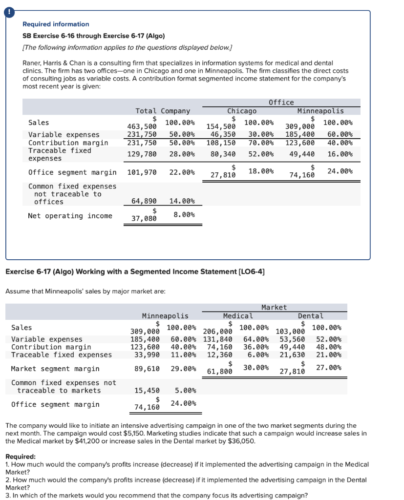 Required information SB Exercise 6-16 through Exercise 6-17 (Algo) [The following