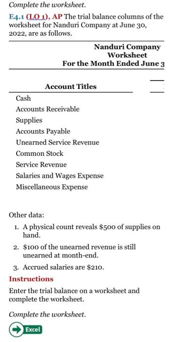  Complete the worksheet. E4.1 (LO 1), AP The trial balance columns