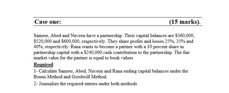  Case one: (15 marks). Sameer, Abed and Naveen have a partnership.