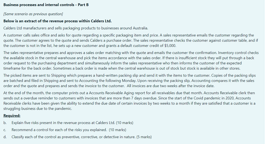  Business processes and internal controls - Part B [Same scenario as