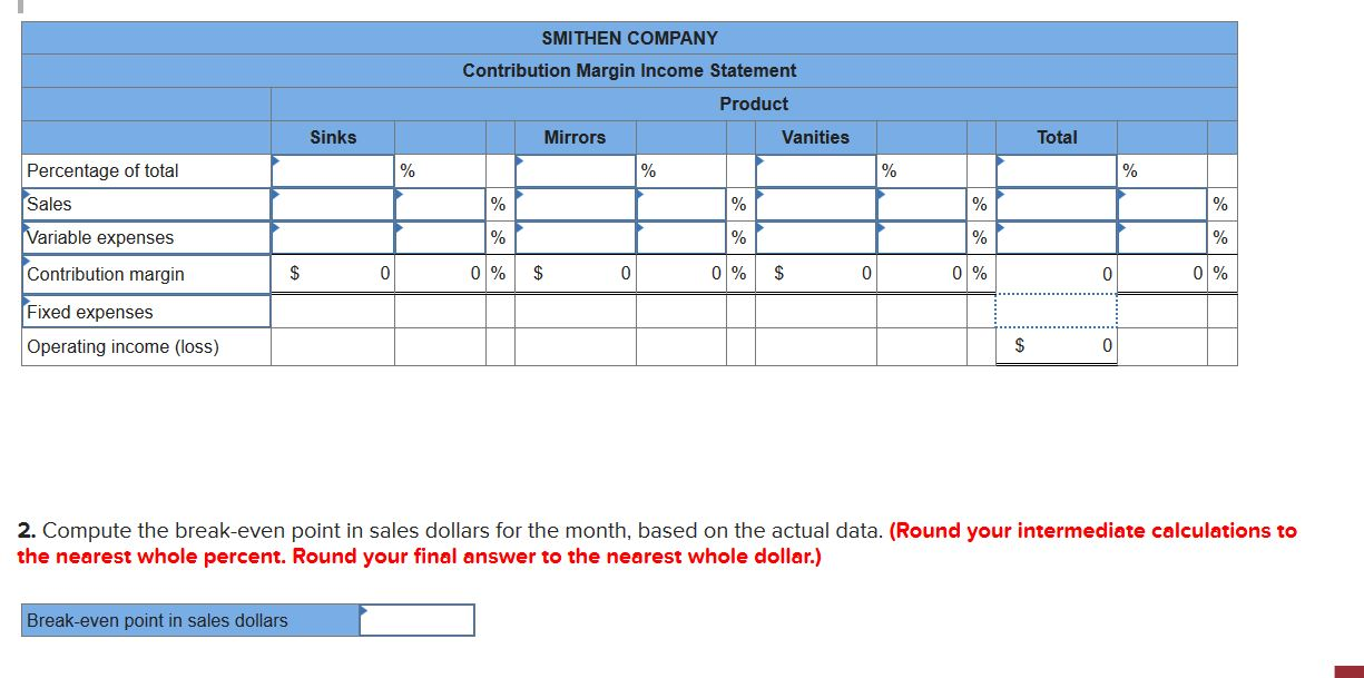 whole number.) Problem 4-20 Sales Mix; Multi-Product Break-Even Analysis (L09] Smithen Company,