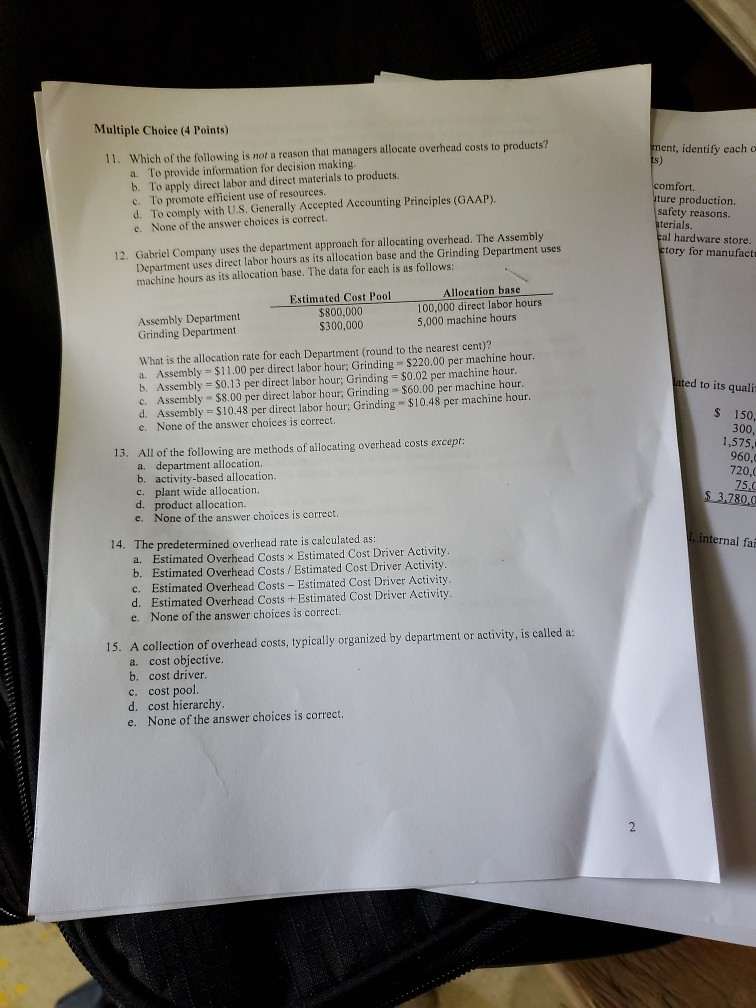  Multiple Choice (4 Points) ment, identify each a 11. Which of