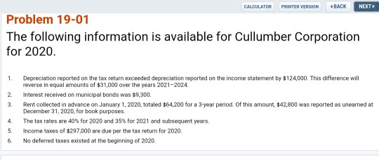  CALCULATOR PRINTER VERSION BACK NEXT Problem 19-01 The following information is