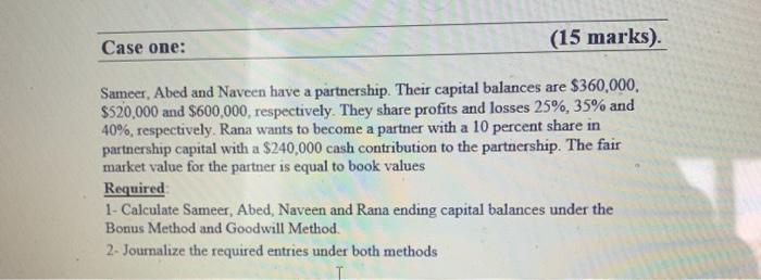  Case one: (15 marks) Sameer, Abed and Naveen have a partnership.