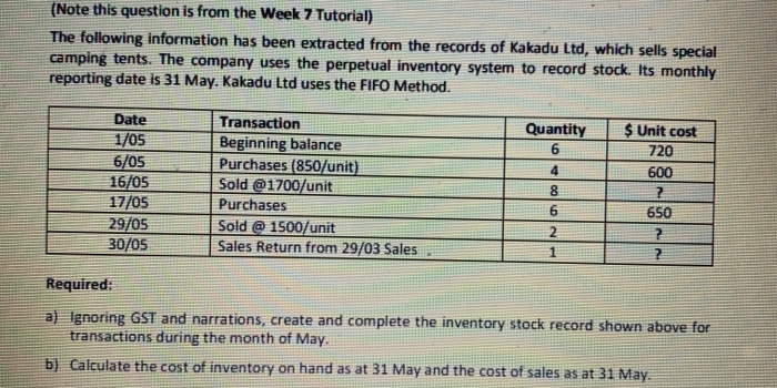  (Note this question is from the Week 7 Tutorial) The following